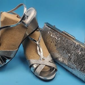 Woman's sparkling silver small wedge heels size 8 & silver evening clutch bag